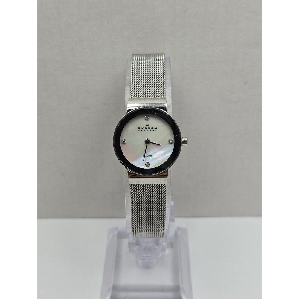 Womens Skagen Diamond Mother Of Pearl Mesh Quartz Minimalist Watch New Battery